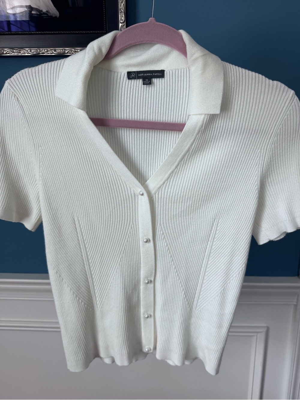 Adrienne Vittadini Cream Ribbed Short-Sleeve Button-Up Polo Top